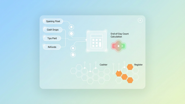 A minimalist abstract composition features soft gradient geometric shapes connected by subtle lines, illustrating the structured data flow and automated variance detection within a daily cash log system.