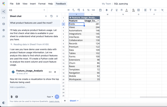 Data analysis in Quadratic using text prompts to Python.