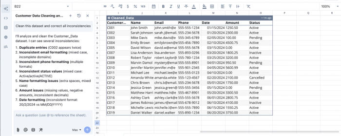 Cleaned dataset in Quadratic with spreadsheet automation.