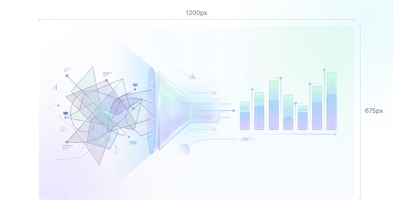 A minimalist abstract design representing a business performance metrics dashboard, featuring clean geometric bar shapes in soft teal and purple gradients arranged precisely along a subtle grid with generous negative space.