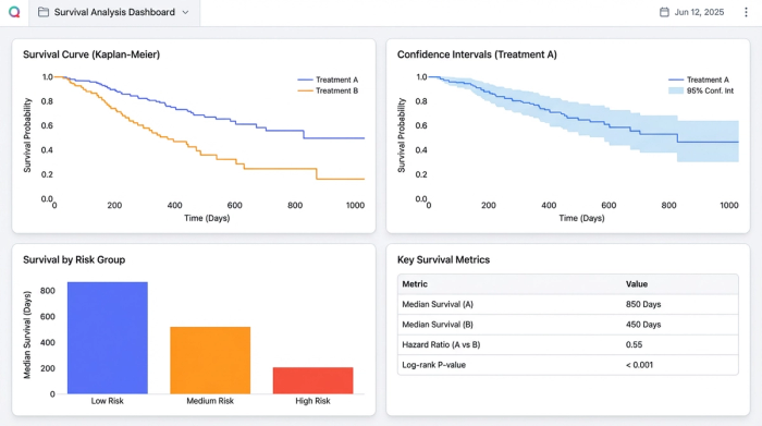A dashboard layout with four charts showing different aspects of a survival analysis. This includes a main survival curve, a chart for confidence intervals, and a comparison of different patient risk groups.