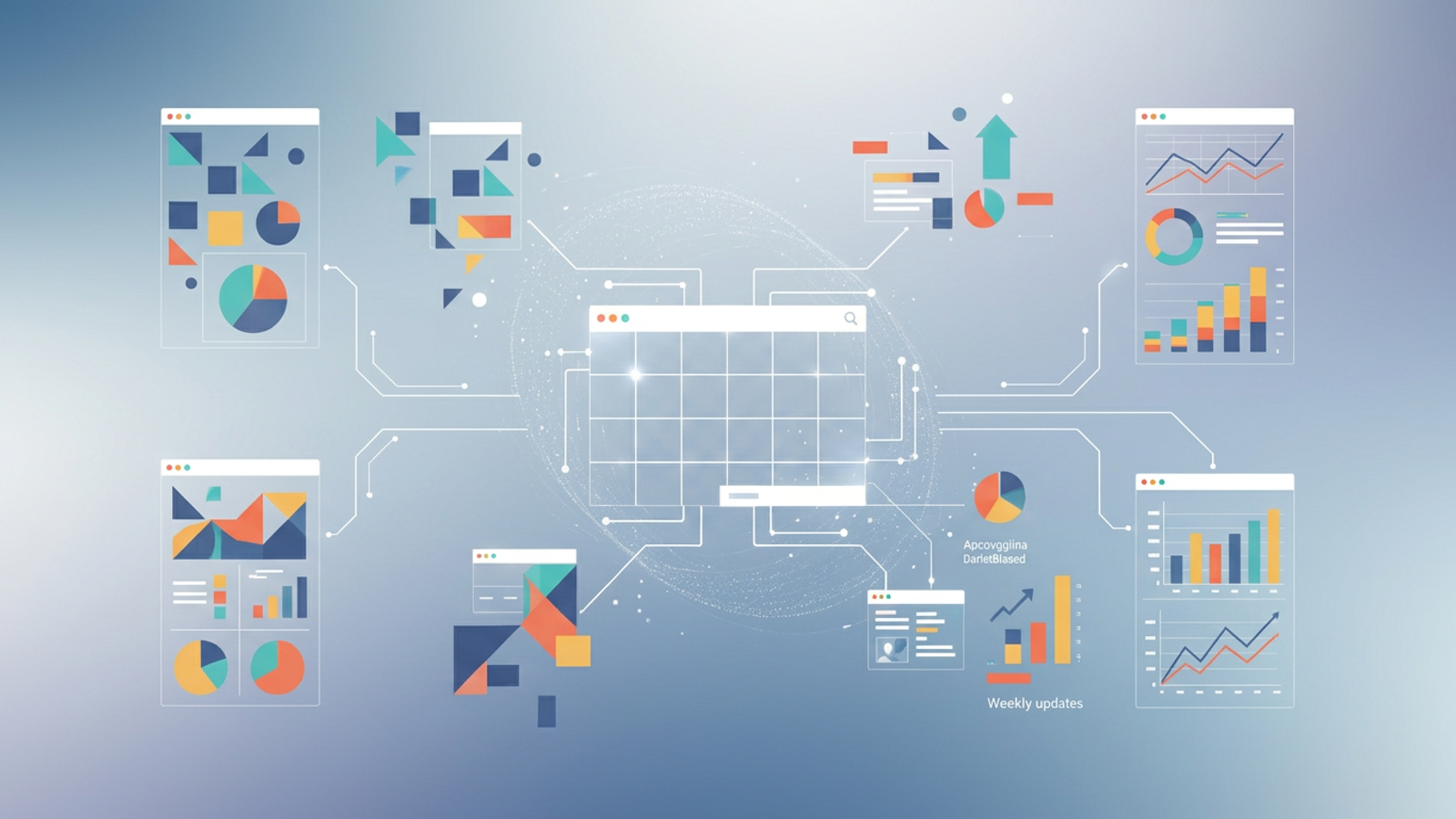 A minimalist abstract composition of interconnected geometric shapes and soft gradient lines converging towards a prominent central element, symbolizing the structured consolidation of data for precise cost estimate analysis and executive summaries.
