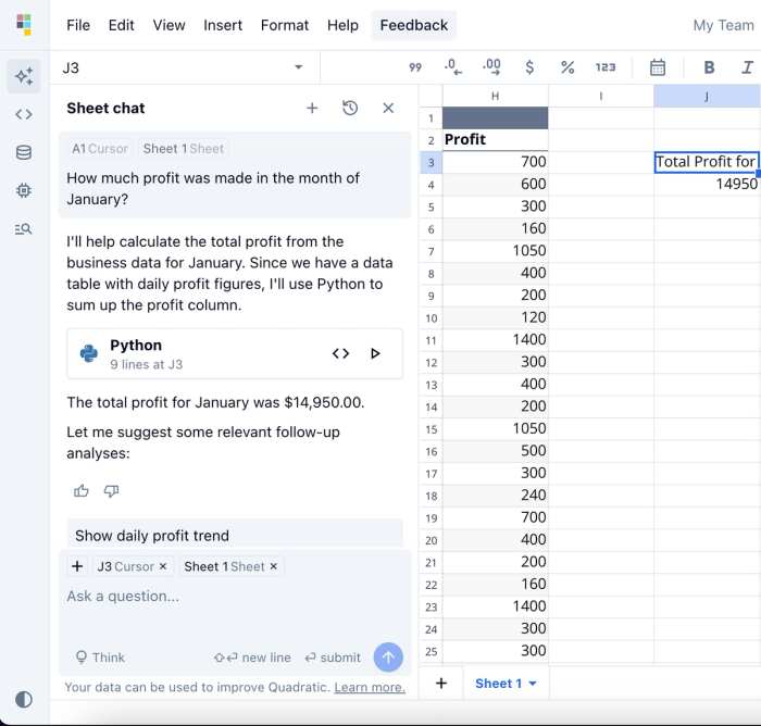 Code spreadsheet summary in Quadratic.