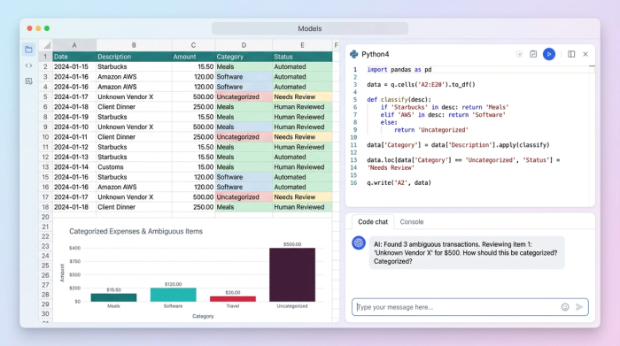A stylized layout showing a data table with transactions, a block of Python code for expense categorization, and several summary charts visualizing the output.
