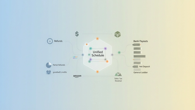 A minimalist abstract design features interconnected geometric forms with soft gradient fills, illustrating the streamlined process of consolidating and reconciling complex accounting refunds data.
