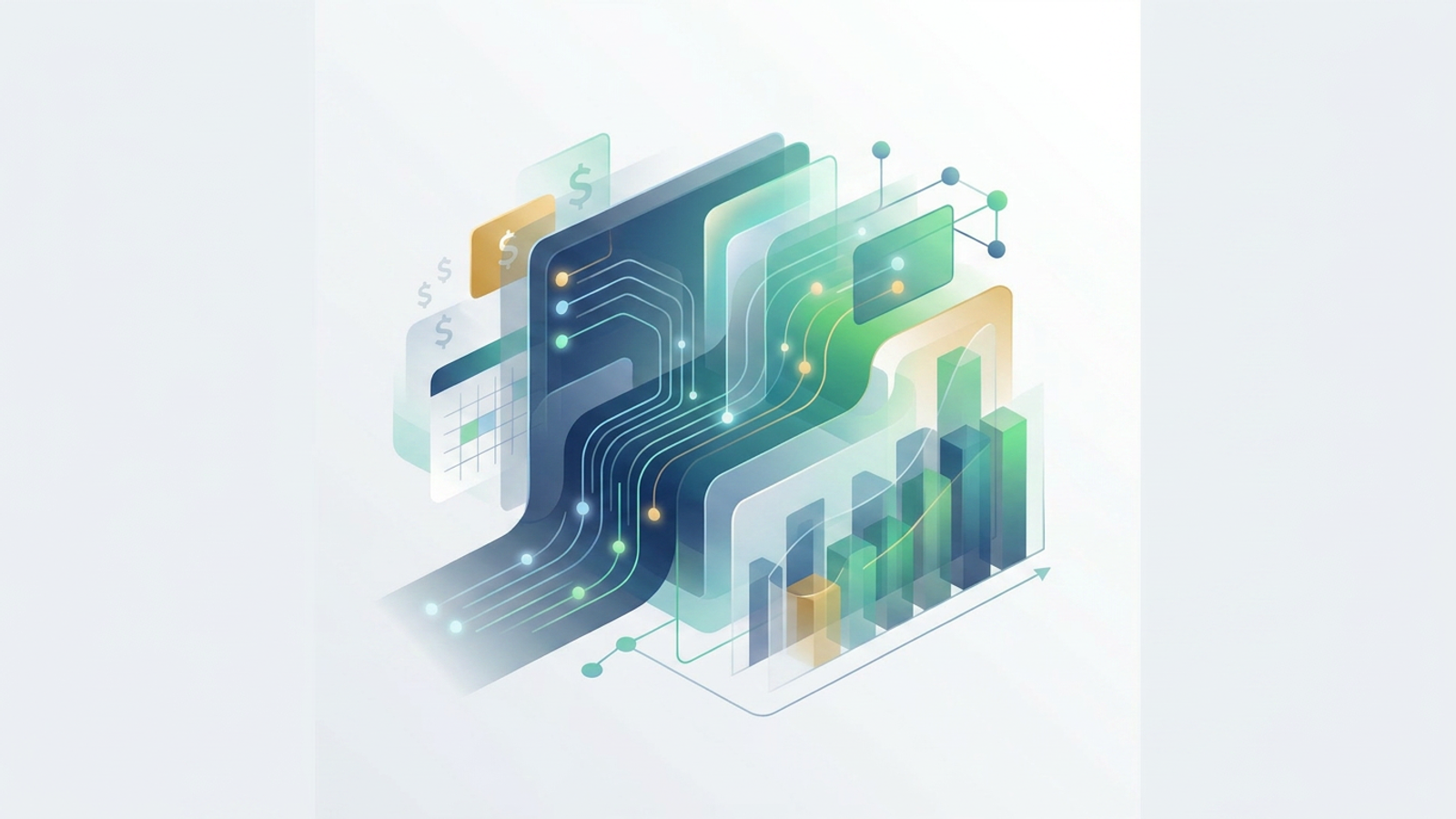 Abstract geometric shapes, translucent layered planes, and glowing pathways of data flow upward across a soft gradient background, representing a digital liquidity management system.