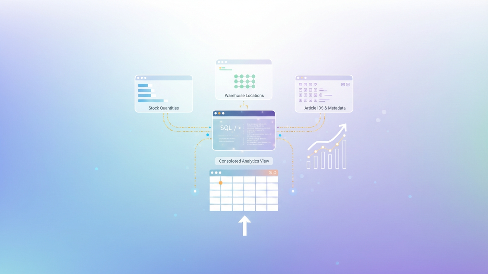 An abstract, minimal digital illustration features interconnected geometric planes in soft gradients, symbolizing the seamless consolidation of diverse data sources for robust inventory analytics.