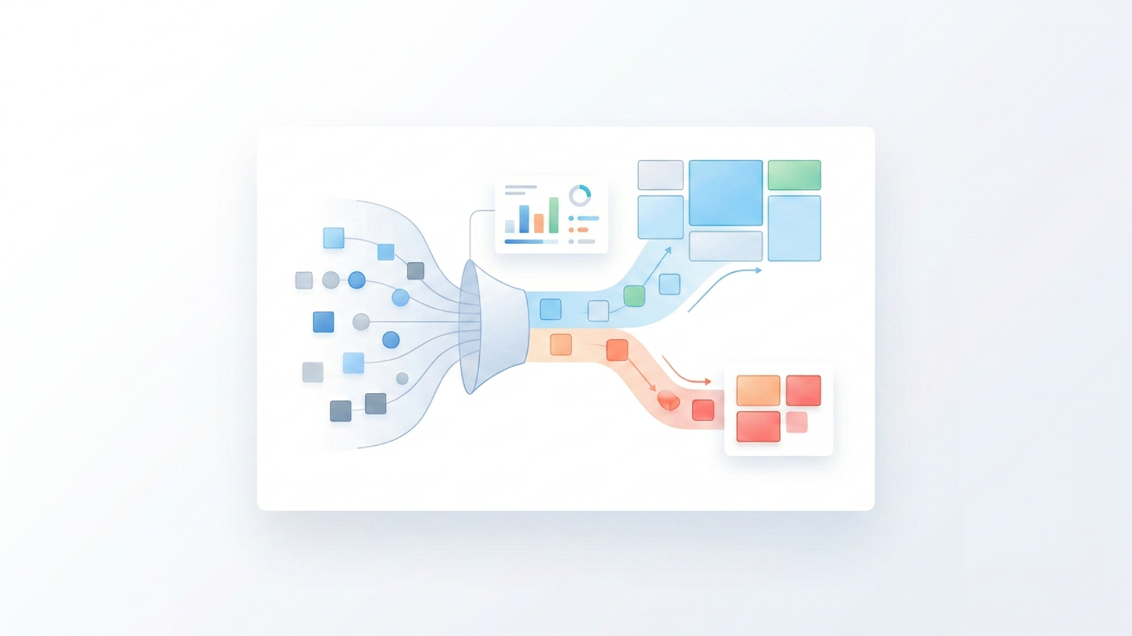A minimalist, abstract composition of layered geometric grids, soft color-coded gradients, and clean intersecting pathways representing structured data analysis for systematic review on a spacious canvas.