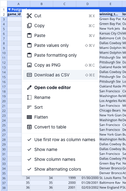 Export from Postgres to CSV by downloading the queried table.