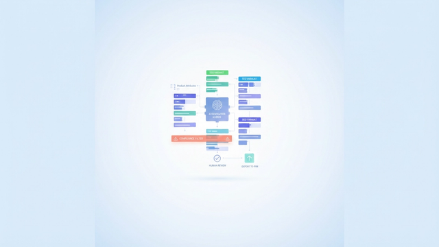 A clean, abstract composition of geometric shapes connected by soft gradient lines suggests a structured data pipeline for a product description generator, ensuring consistent output and brand compliance.