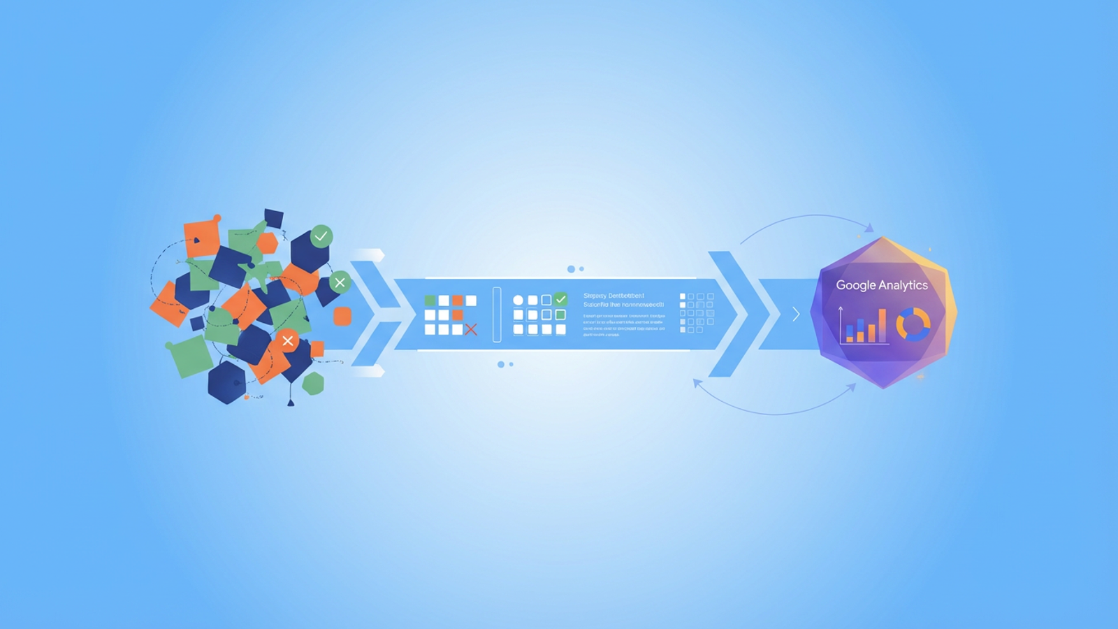 Softly glowing geometric shapes representing disparate data sources converge and align within a structured, transparent grid, depicting the careful validation needed to import offline sales into Google Analytics.