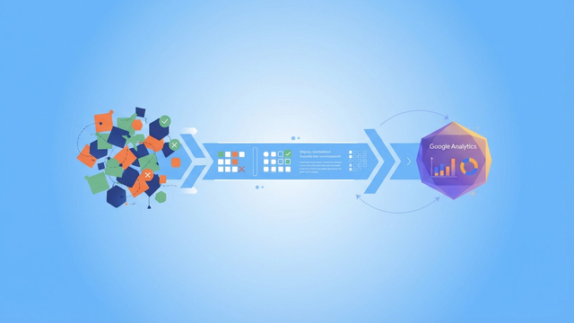 Softly glowing geometric shapes representing disparate data sources converge and align within a structured, transparent grid, depicting the careful validation needed to import offline sales into Google Analytics.