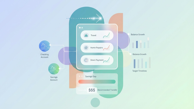 An abstract savings goal tracker features interconnected geometric shapes with soft gradient fills, illustrating data flow between financial accounts and dynamic progress toward multiple savings targets within a minimalist layout.