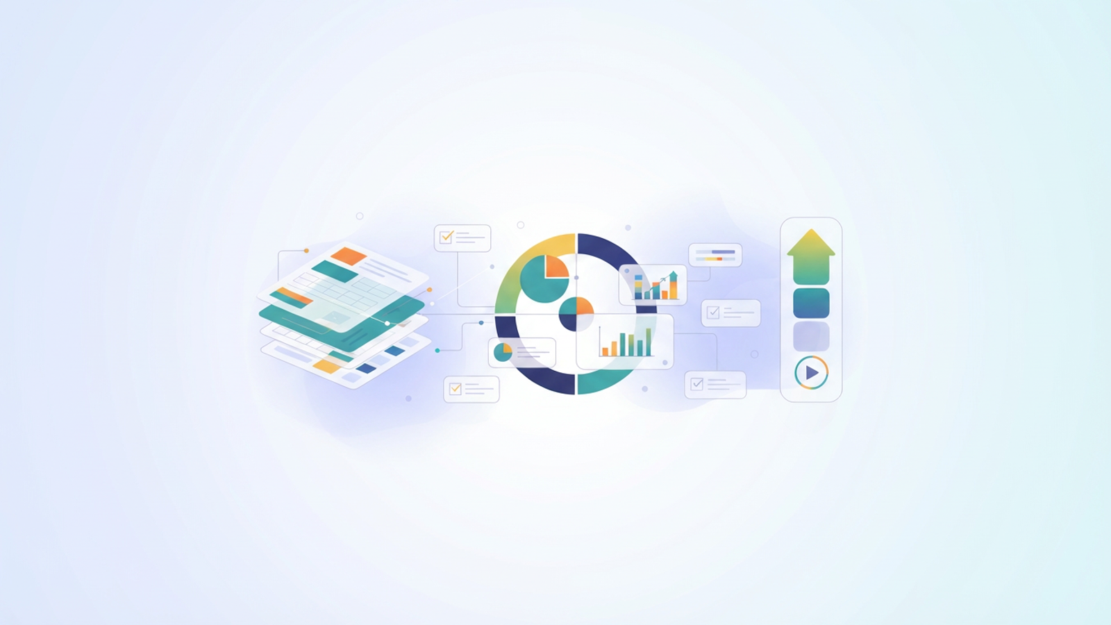An abstract, minimal hero image features layered geometric shapes in soft gradients, subtly connected by lines, representing the organized segmentation and flow of survey data analysis for HR insights.