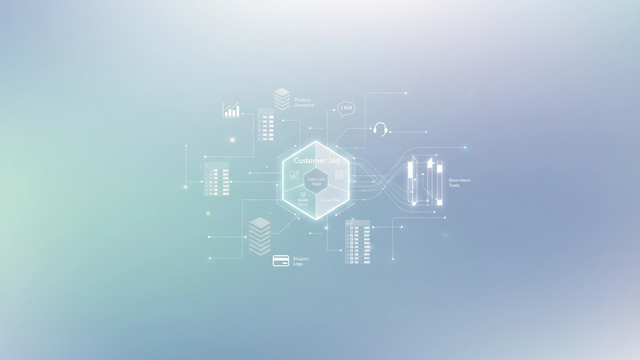 An abstract composition of soft gradient geometric shapes and subtle data streams converging into a clear, unified structure, symbolizing effective customer data management.