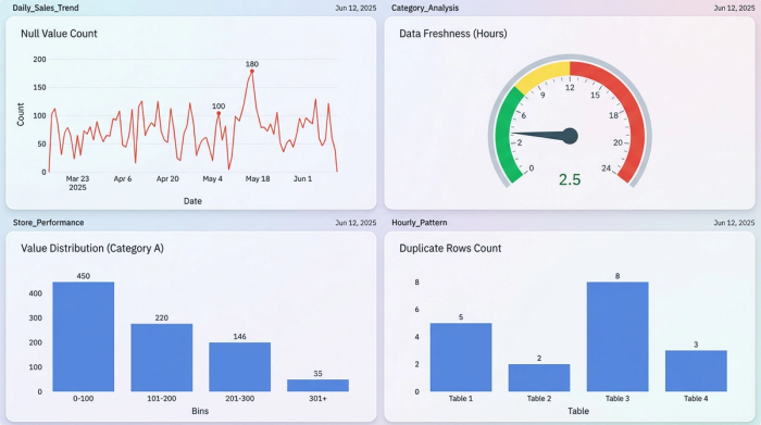 A dashboard with four charts monitoring data quality. The charts display metrics for null values, data freshness, value distribution, and duplicate entries, representing an automated quality control system.