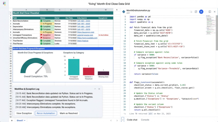 An abstract representation of a financial workspace showing a data table, a snippet of Python code, and a summary chart, illustrating the concept of a connected data grid.
