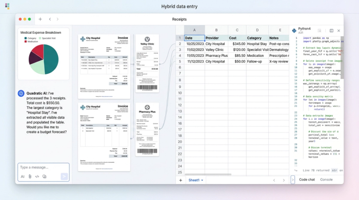 A workspace view showing scanned medical receipts on the left and a corresponding data table on the right, demonstrating an integrated audit trail.