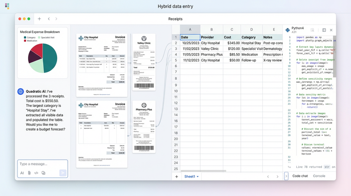 A workspace view showing scanned medical receipts on the left and a corresponding data table on the right, demonstrating an integrated audit trail.