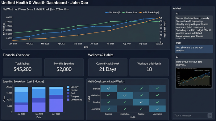 A polished, dark-themed dashboard displaying seven different charts and metrics. The dashboard summarizes financial health, fitness progress, and habit consistency in a single, unified view.