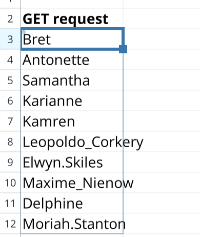 Returning just a column to the spreadsheet.
