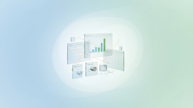 A minimalist abstract design depicts a seamless flow of data between various interconnected geometric components, illustrating an optimized budget format for an event with soft gradients and negative space.