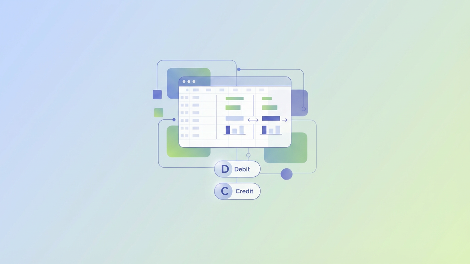 An abstract composition of soft blue and green gradient shapes flows through a transparent, interconnected grid, symbolizing the clear, automated calculations of weighted average process costing.