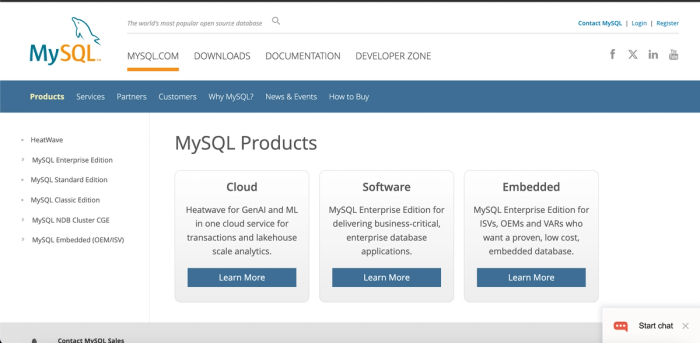 MySQL Workbench webpage, access tool for data.