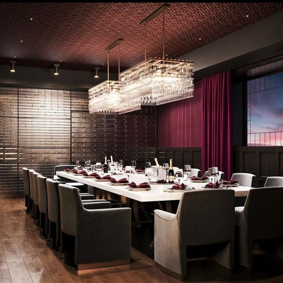 Fine dining with a side of sparkle. ✨
At 9 Prime Steakhouse in West Chester, PA, rich velvet drapes, warm wood tones, and dramatic architectural details crea…