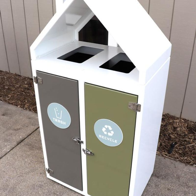 Custom Dual Trash/Recycle Unit. 
Proudly Made in the USA!

RF-R-0507
48”H x 24”W x 6”D
•RAL-9016 Traffic White- Exterior Can
•RAL-7039 Quartz Grey- Trash Doo…