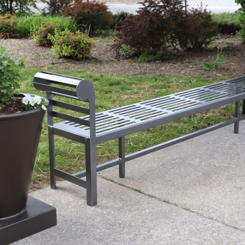 Queen's Custom Bench
B-1428-8-SM
Dimensions: 96” L x 16 5/8” D x 32” H 
(Outside Arm to Outside Arm 104.25” L )
Finish: Gunmetal Powder Coat 

Made in the USA