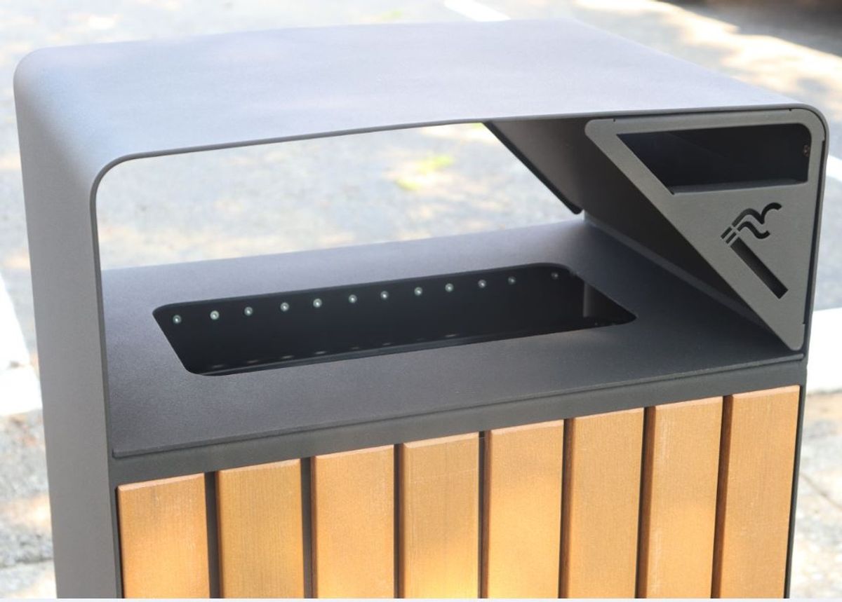 Ash-Trash Receptacles 
40” H x 21.25” W x 15.75” D
RAL-9011 Graphite Black Powder Coat
Toffee Faux Wood
 Made in the USA