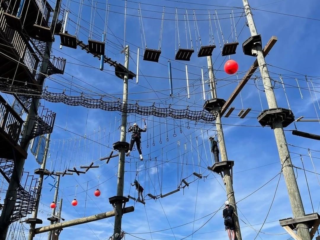 Adventurers climb and balance on a high ropes course with suspended bridges, nets, and swinging elements. The bright blue sky makes the challenge even more thrilling. This aerial park offers fun and excitement for those seeking an adrenaline rush.