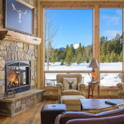 Open layout with mountain views.