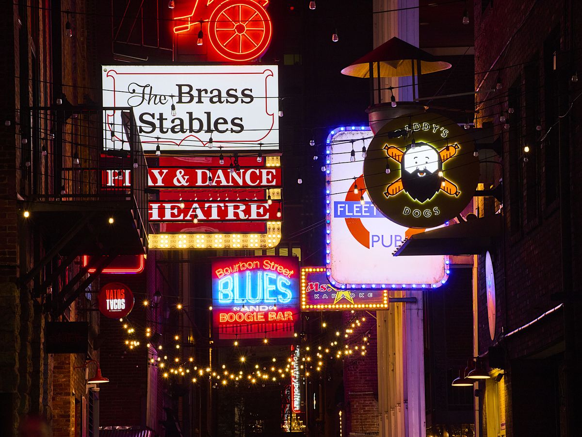 Overhead View of Neon Signs in Printer's Alley In Nashville, TN
