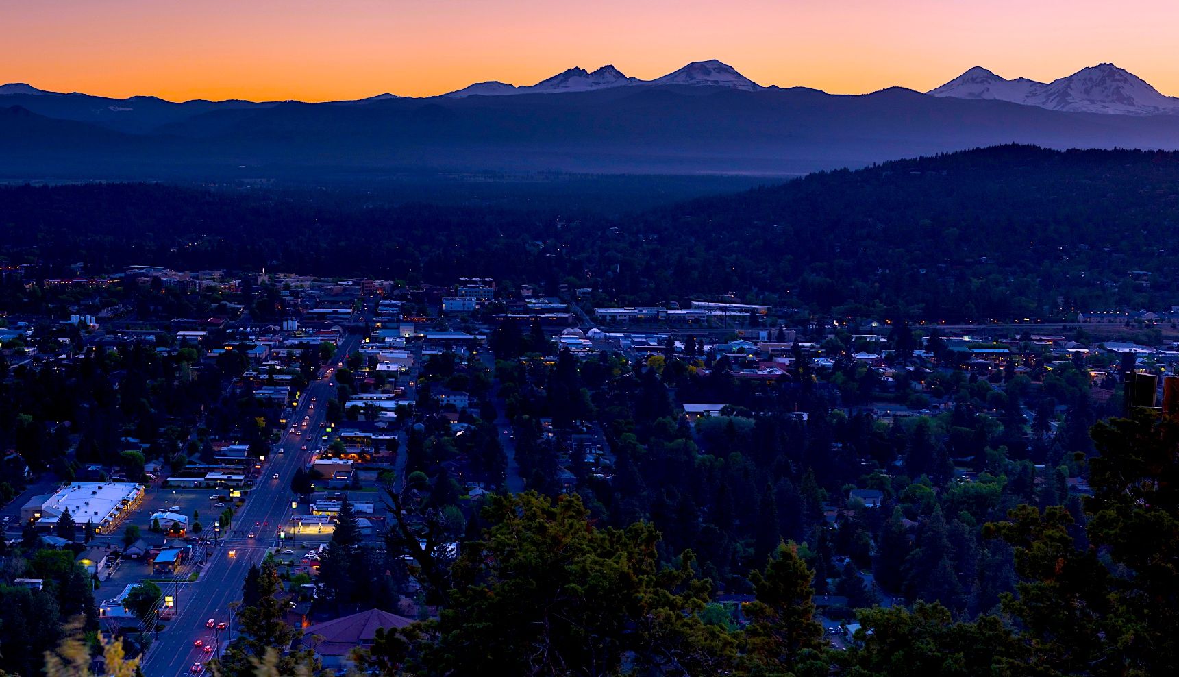 Aerial view of Bend Oregon winter time at sunset