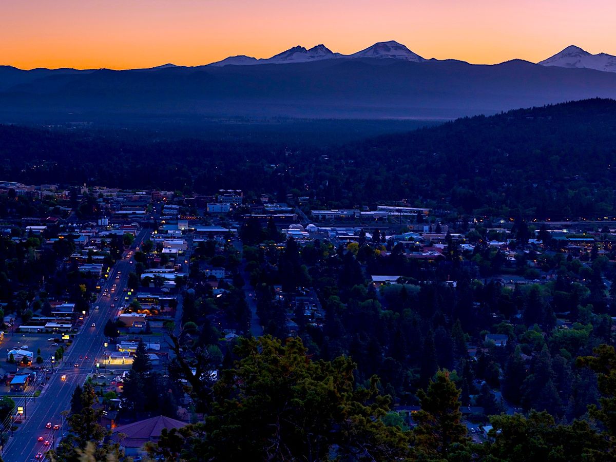 Aerial view of Bend Oregon winter time at sunset