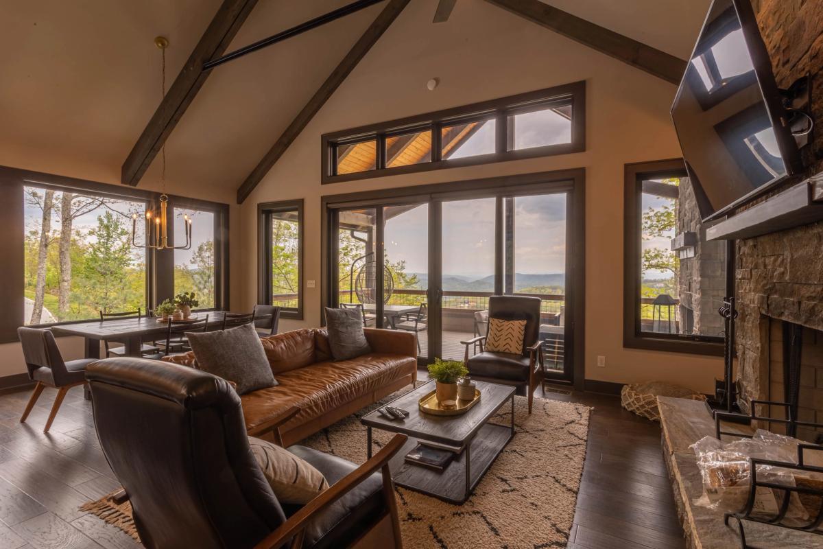 Open layout living area with with mountain views.