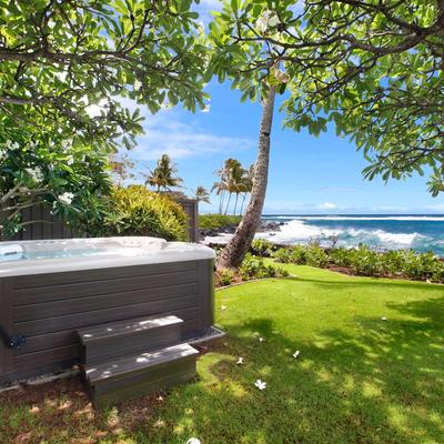 Private hot tub set in a lush, tropical garden overlooking the ocean.