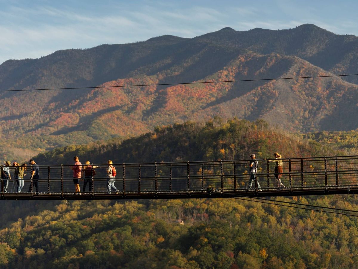 Visitors walk across the famous Gatlinburg SkyBridge suspended high above the Smoky Mountains. The sweeping mountain views and autumn colors create a breathtaking backdrop for photos.