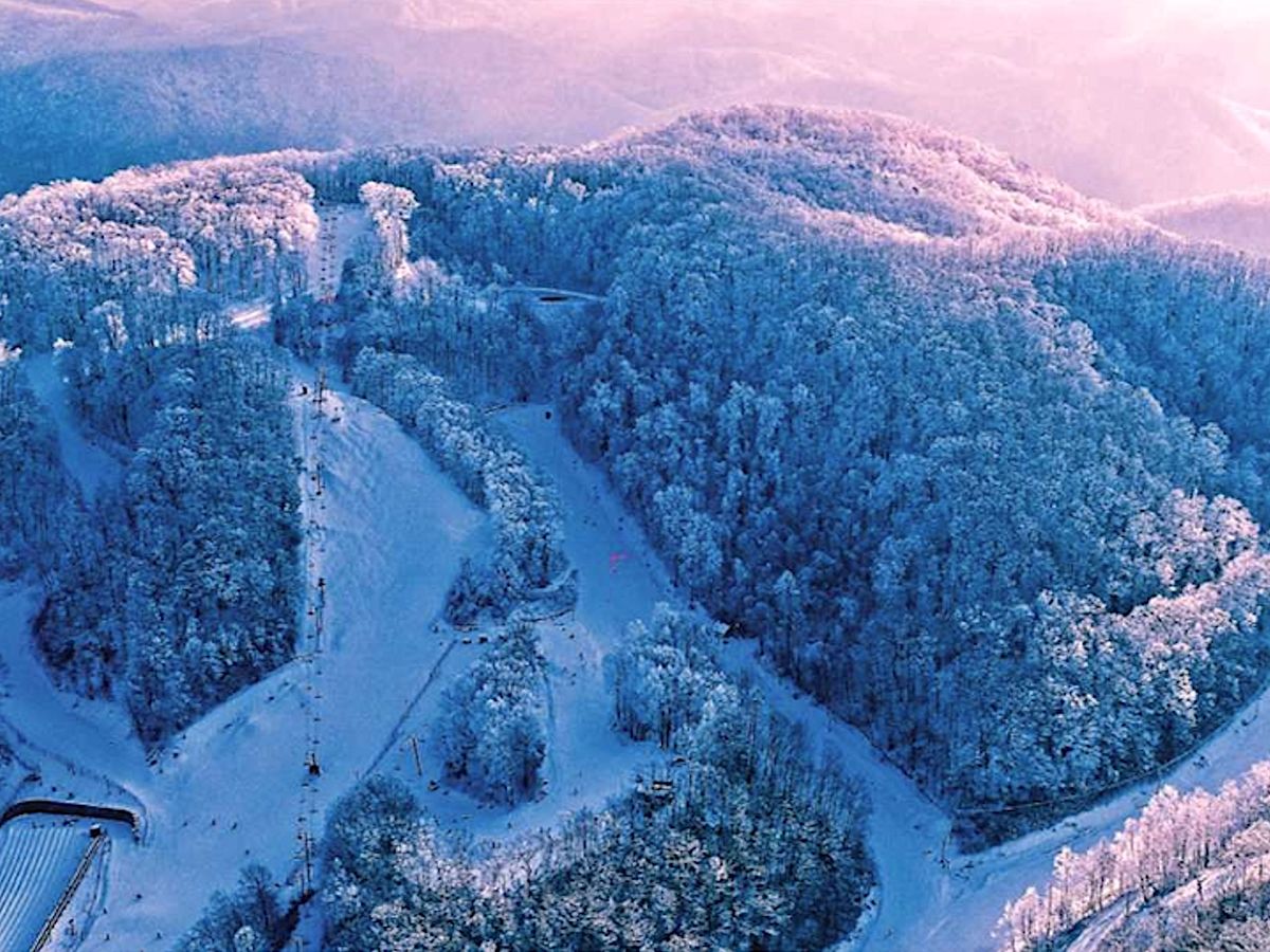 Aerial View Of Ober Gatlinburg Ski Resort in Tennessee At Dusk