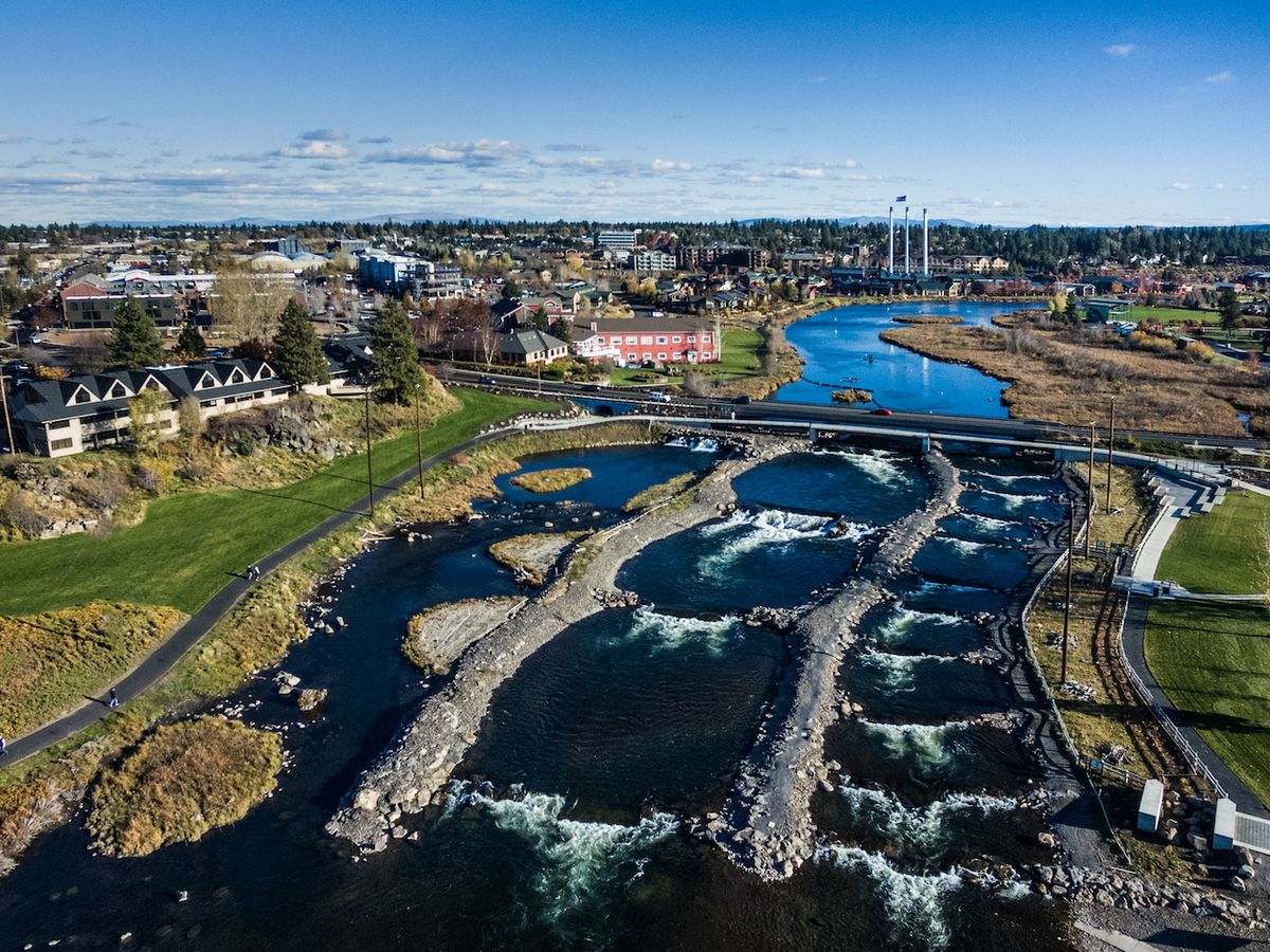 Aerial View of Bend, OR Water Park Near the Old Mill District