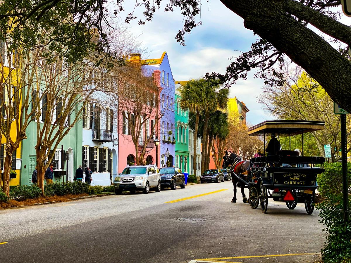 Colorful historic homes along the street with southern trees lining the neighborhood and a trolley on the street in Charleston