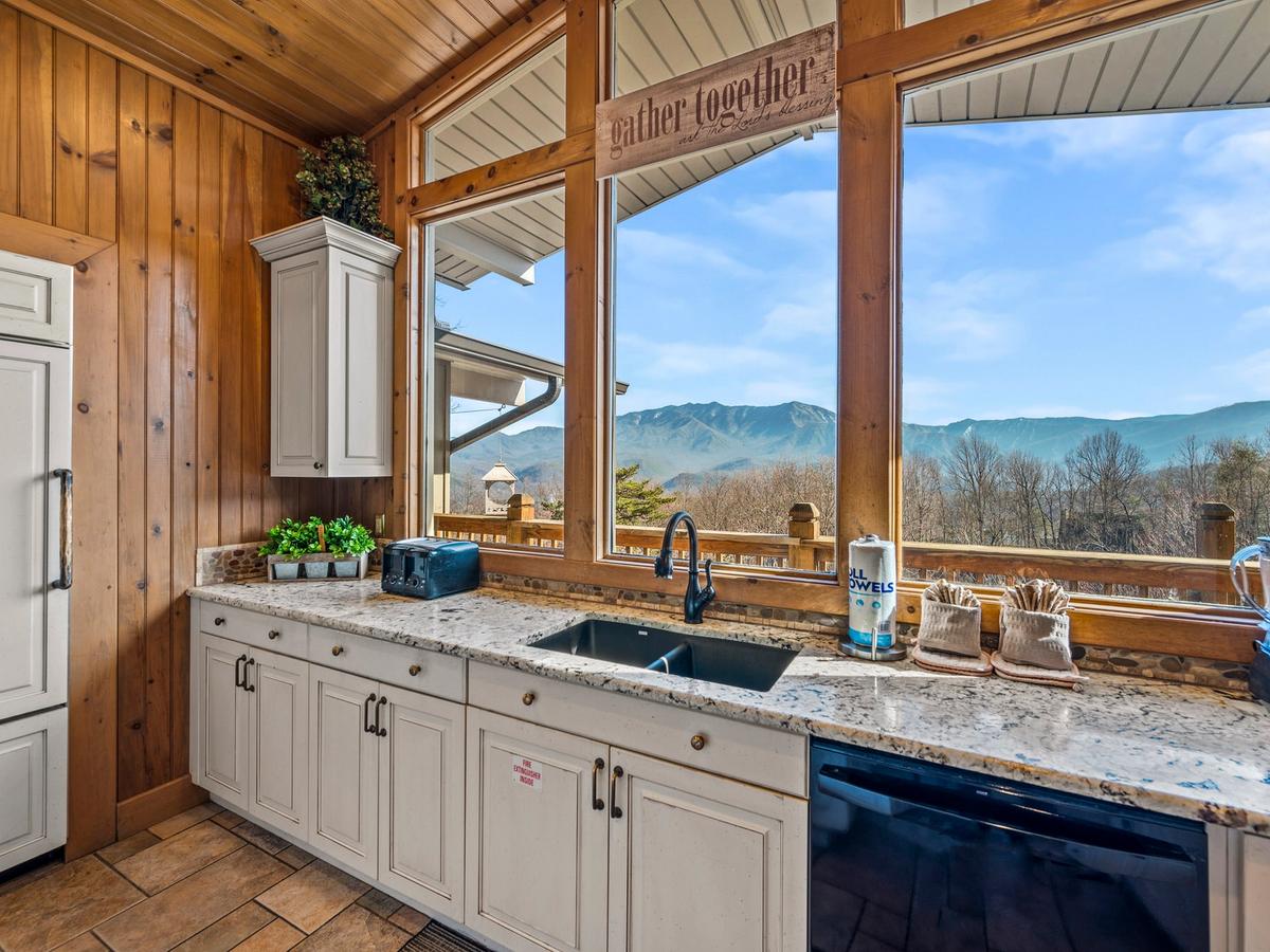 View from kitchen window of mountains with paper towel holder