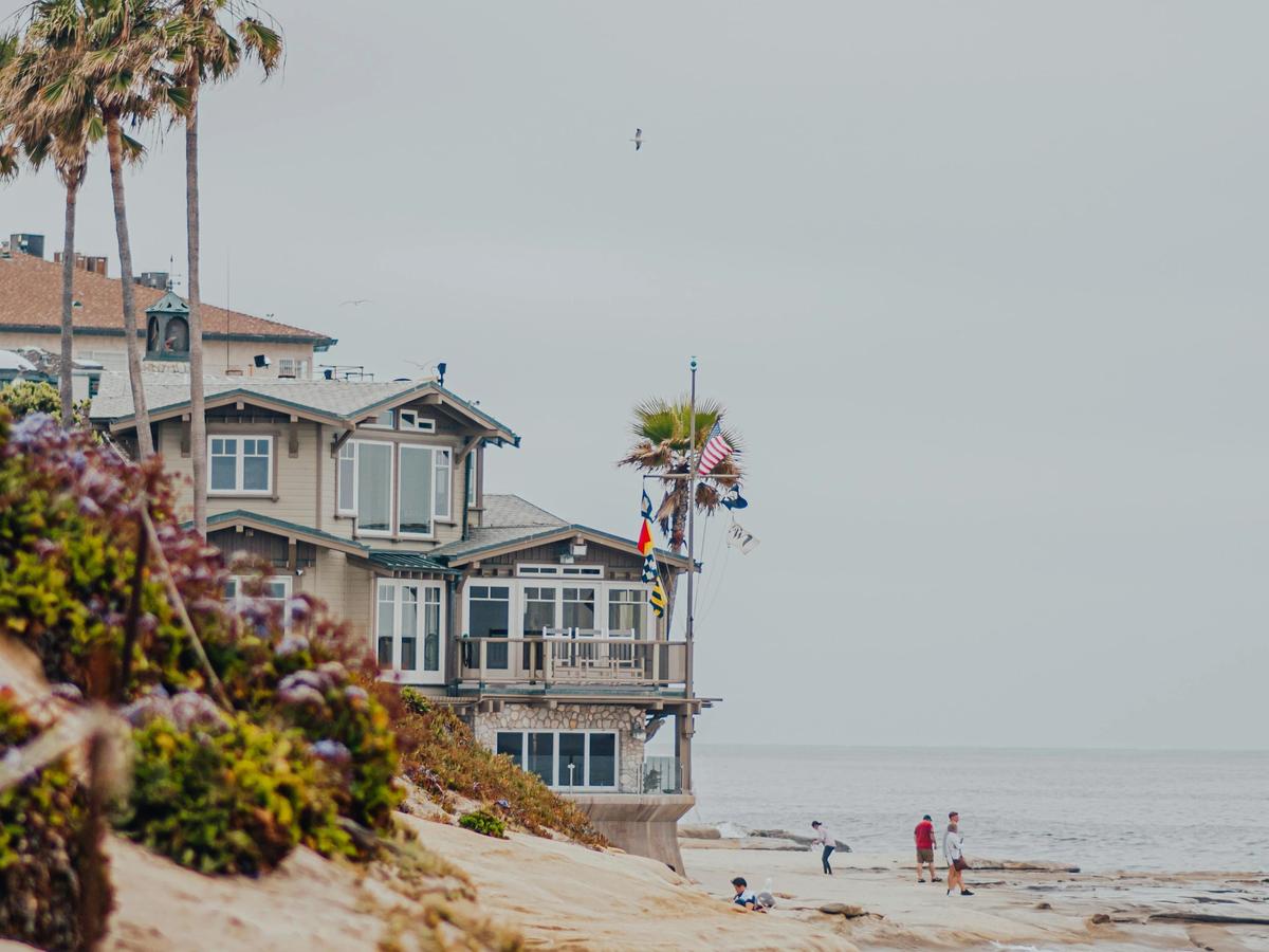 Beachfront homes and palm trees overlook a sandy shoreline where people walk and relax by the ocean in San Diego. This calm coastal scene reflects the laid-back, dog-friendly atmosphere found at many San Diego beaches.