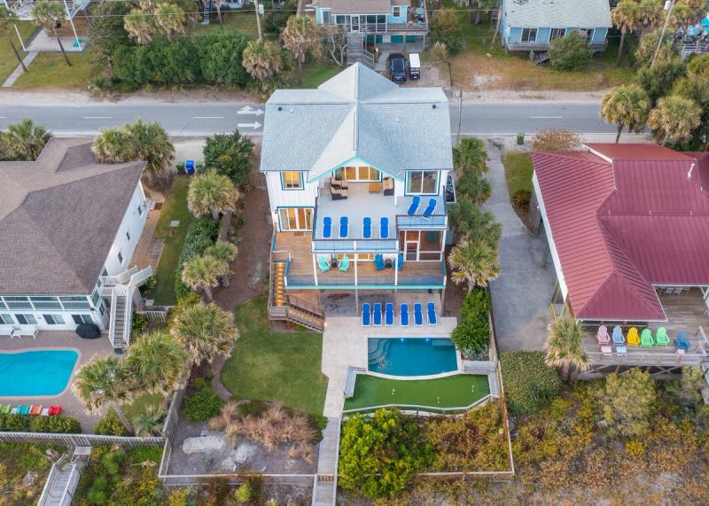 Aerial view of a Folly Beach vacation rental home.