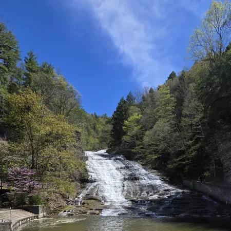 Buttermilk Falls cascades down a rocky hillside at Buttermilk Falls State Park, framed by green trees and a clear blue sky. The stepped waterfall creates a peaceful and refreshing nature scene near Ithaca.