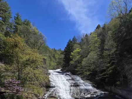 Buttermilk Falls cascades down a rocky hillside at Buttermilk Falls State Park, framed by green trees and a clear blue sky. The stepped waterfall creates a peaceful and refreshing nature scene near Ithaca.