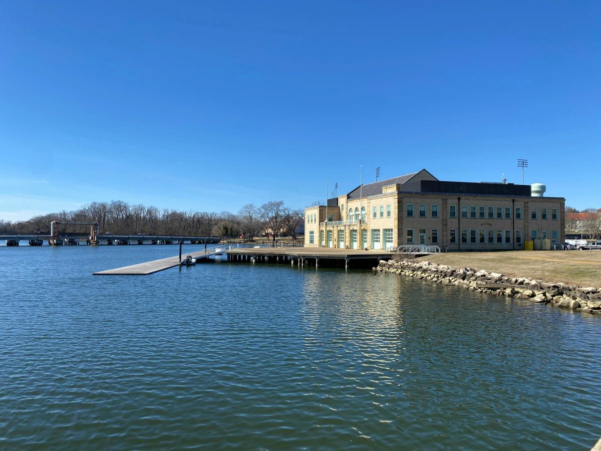 Exterior of the US Naval Academy in Annapolis with water surrounding the area