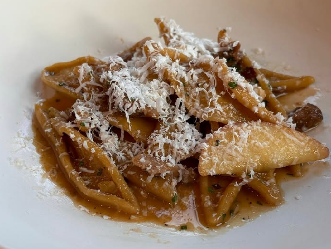 A rich and savory pasta dish featuring hand-rolled noodles in a glossy brown sauce, garnished with finely grated cheese and herbs, served in a deep white bowl.